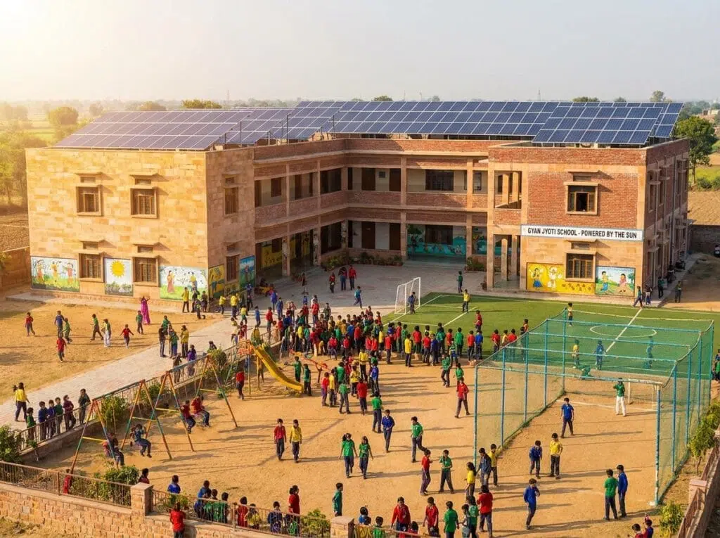 Solar panels installed on a school building in Lucknow