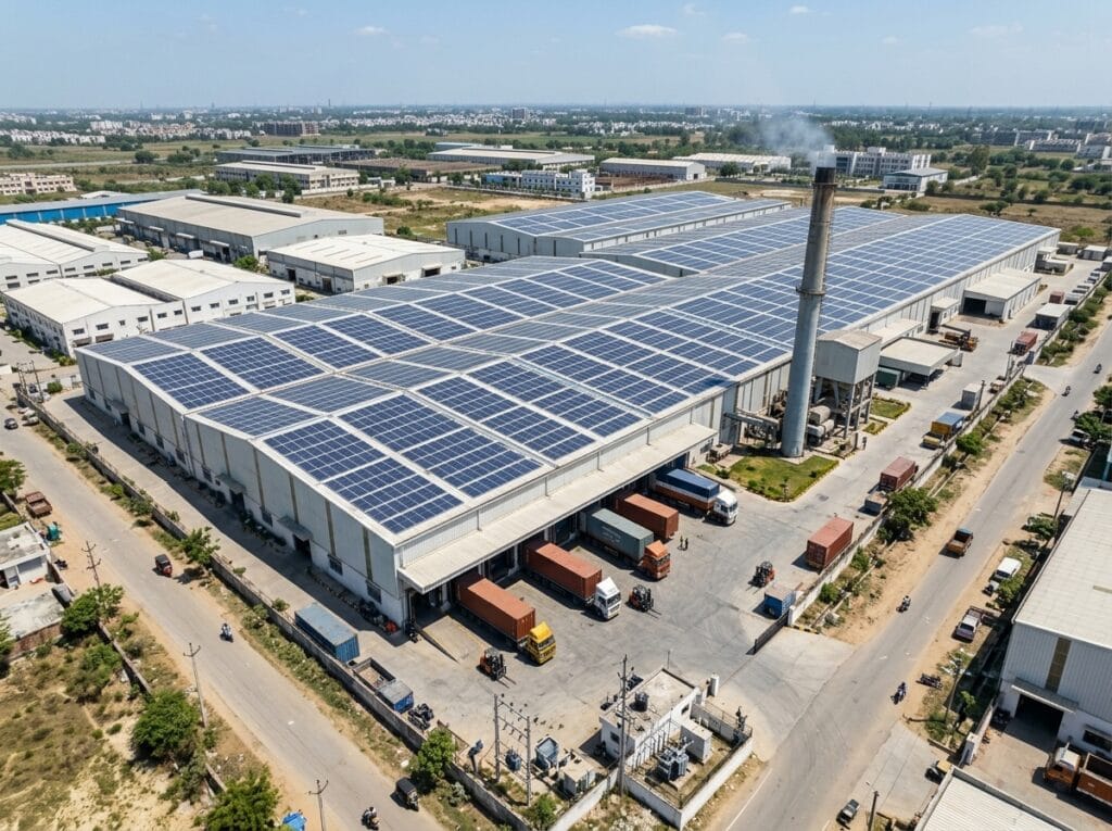 100kW rooftop solar system installed on a factory in Lucknow industrial area by Rudransh Solartech