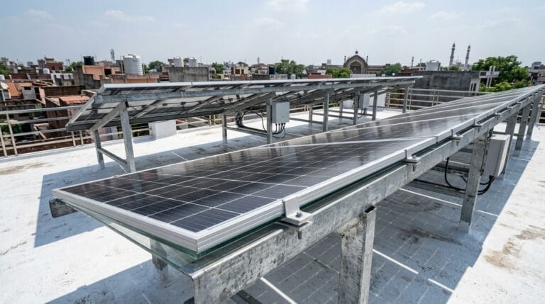 Bifacial solar panels installed on elevated structures on a white reflective rooftop in Lucknow by Rudransh Solartech