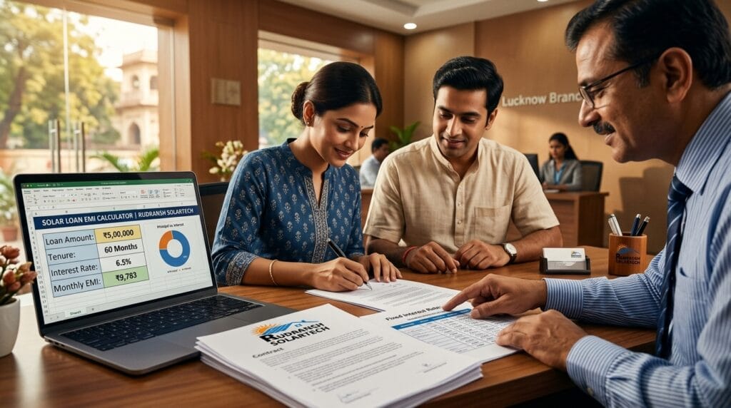 Close-up professional photograph of business owners (two Indian business partners, a man and a woman) signing solar loan documents in a bank branch office in Lucknow. A bank manager sits opposite, pointing to the interest rates page. On a table is a laptop showing an EMI calculator sheet. Clear warm lighting, professional office context.