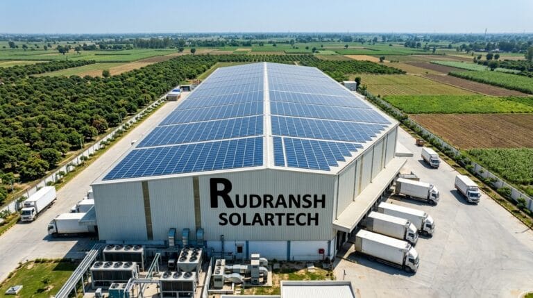 Solar panels installed on the roof of a large agricultural cold storage facility in Lucknow