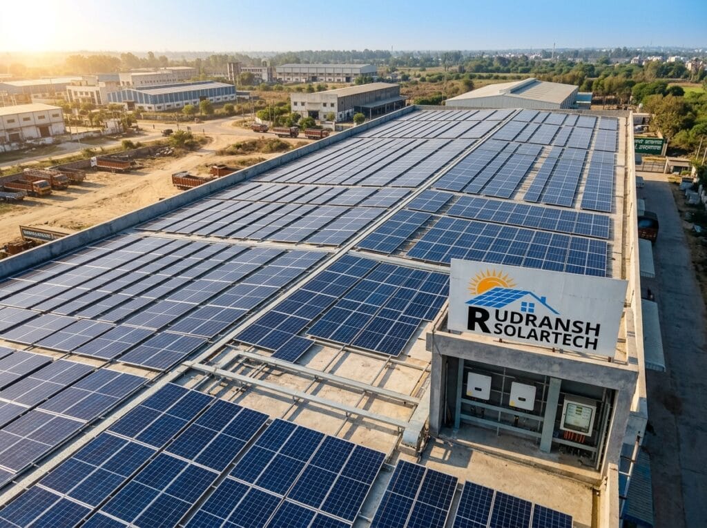Commercial rooftop solar system installed on a factory in Lucknow industrial area by Rudransh Solartech