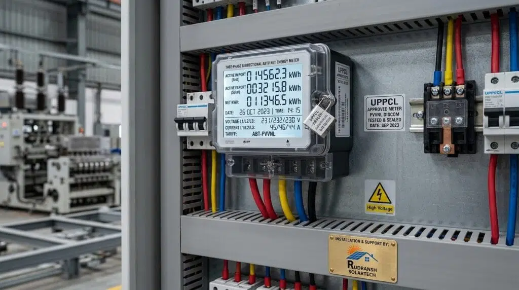 UPPCL commercial net metering bidirectional ABT meter installed at an industrial facility in UP by Rudransh Solartech