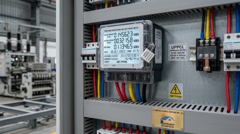 UPPCL commercial net metering bidirectional ABT meter installed at an industrial facility in UP by Rudransh Solartech