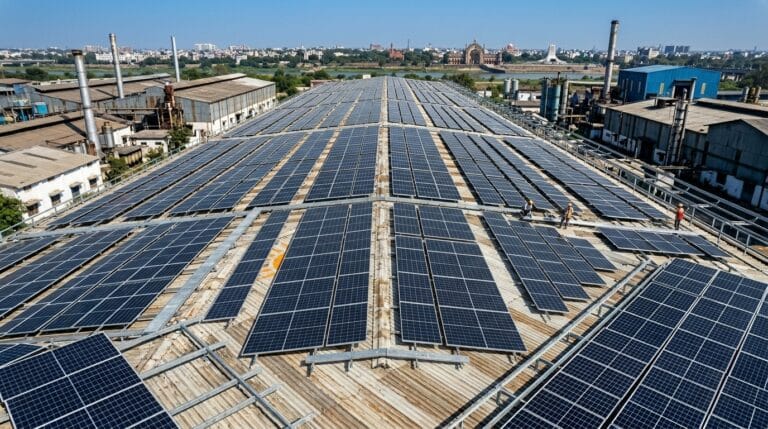 Industrial solar panel installation on a factory tin shed roof in Lucknow by Rudransh Solartech
