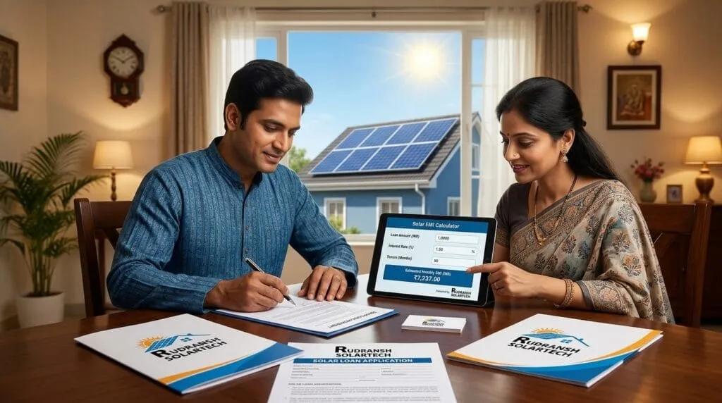 Indian family in Lucknow reviewing solar panel loan emi in lucknow in lucknow in lucknow options with solar panels visible on their rooftop