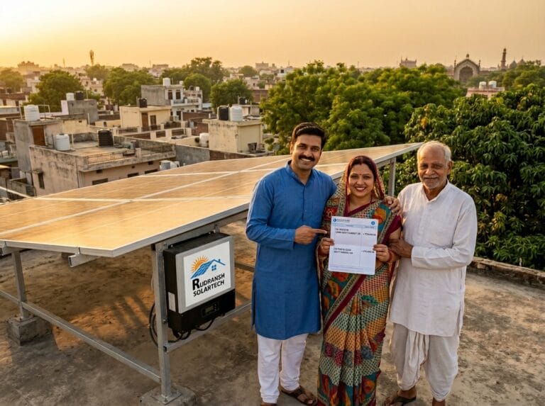 Lucknow family receiving PM Surya Ghar Yojana subsidy after rooftop solar installation by Rudransh Solartech