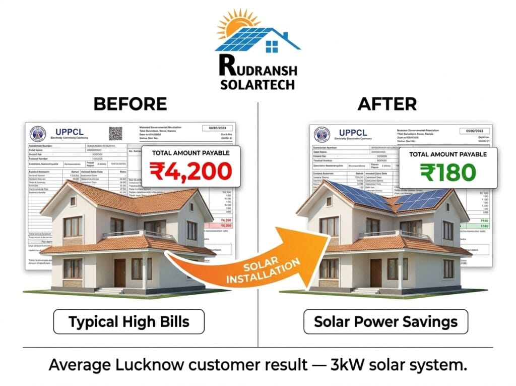Before and after electricity bill comparison for a 3kW solar installation in Lucknow by Rudransh Solartech