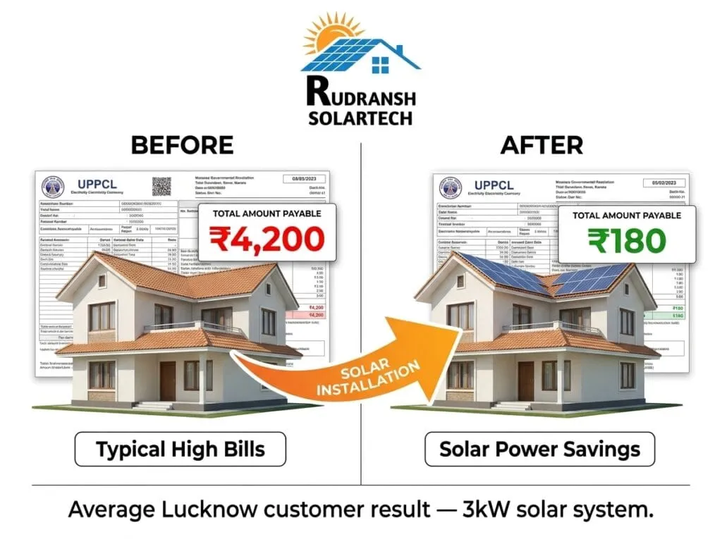 Before and after electricity bill comparison for a 3kW solar installation in Lucknow by Rudransh Solartech