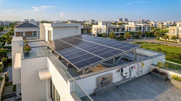 Rooftop solar panel installation on a premium residential villa in Gomti Nagar, Lucknow, by Rudransh Solartech
