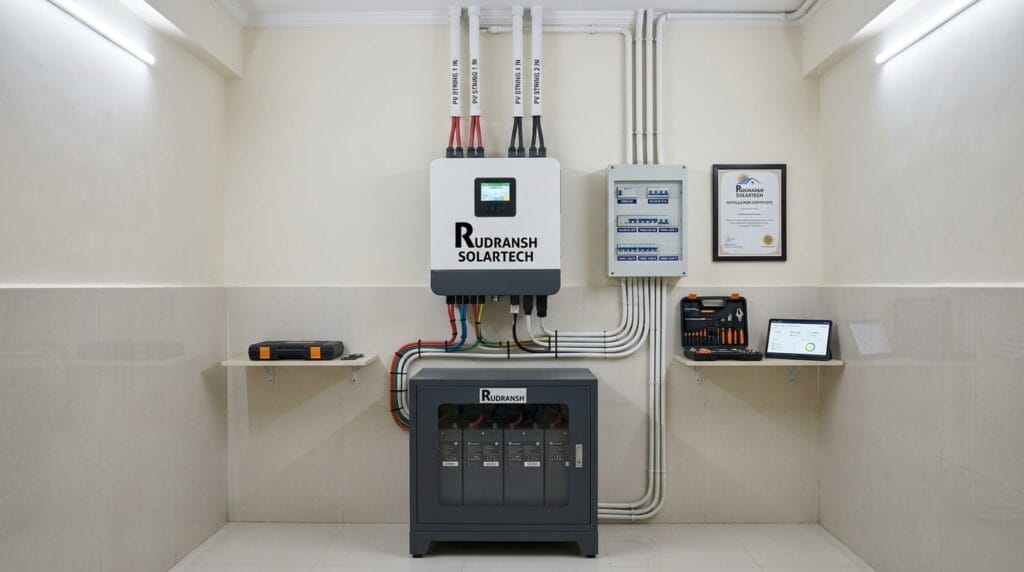Hybrid solar inverter with lithium battery bank installed in a Lucknow home by Rudransh Solartech
