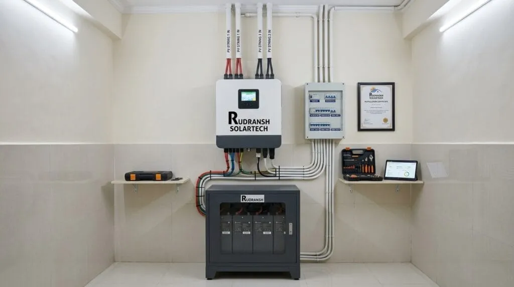 Hybrid solar inverter with lithium battery bank installed in a Lucknow home by Rudransh Solartech