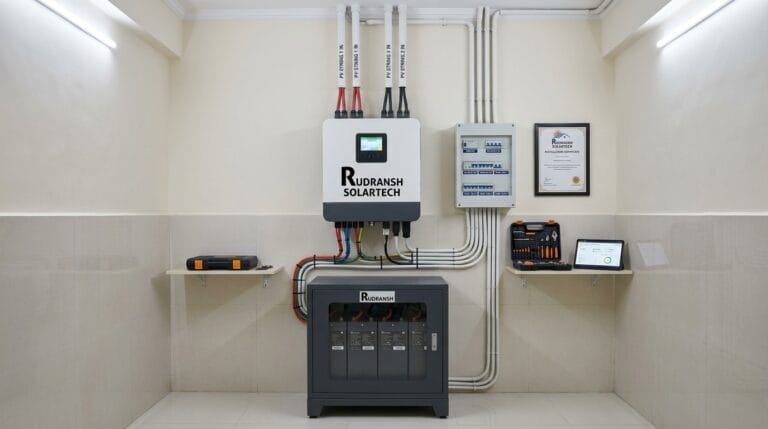 Hybrid solar inverter with lithium battery bank installed in a Lucknow home by Rudransh Solartech