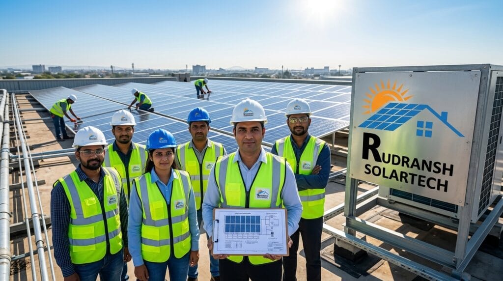 Commercial solar installation team from Rudransh Solartech on a rooftop project in Lucknow