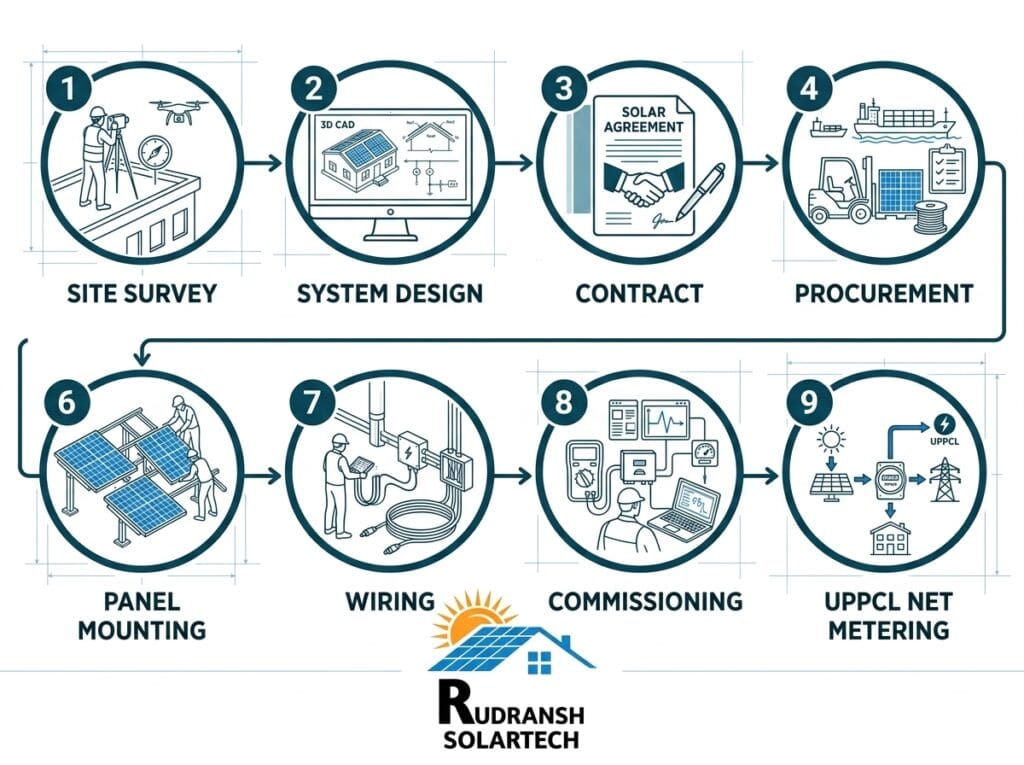 9-step commercial solar installation process in Lucknow by Rudransh Solartech — from site survey to UPPCL net metering
