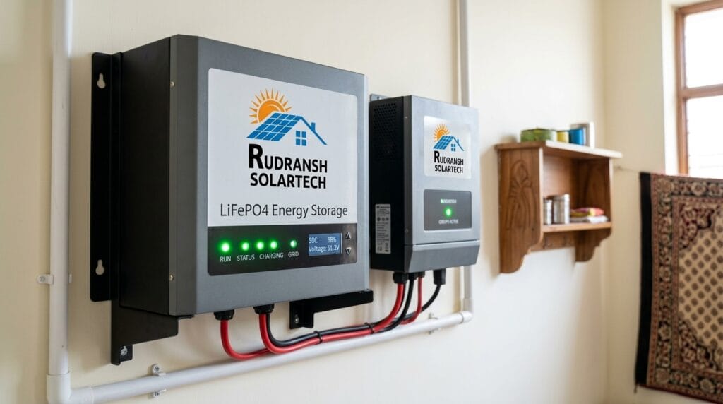 Lithium LiFePO4 solar battery installed alongside a hybrid inverter in a Lucknow home by Rudransh Solartech