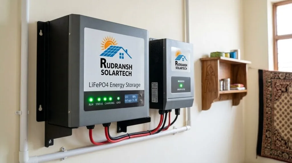 Lithium LiFePO4 solar battery installed alongside a hybrid inverter in a Lucknow home by Rudransh Solartech