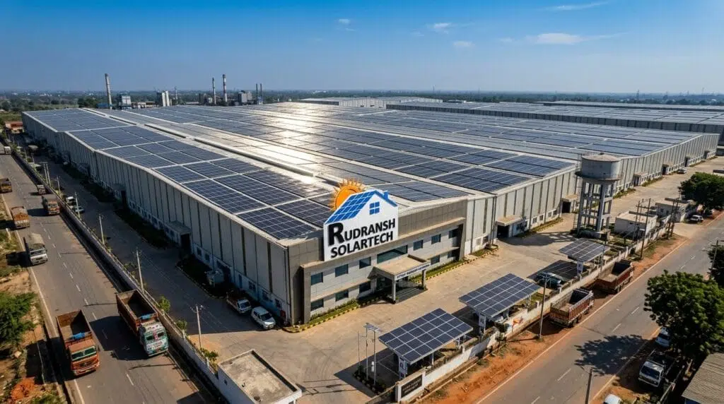 Commercial solar panel installation in Uttar Pradesh on a factory metal shed roof by Rudransh Solartech