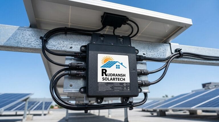 Microinverter installed behind a solar panel on a residential rooftop in Lucknow by Rudransh Solartech