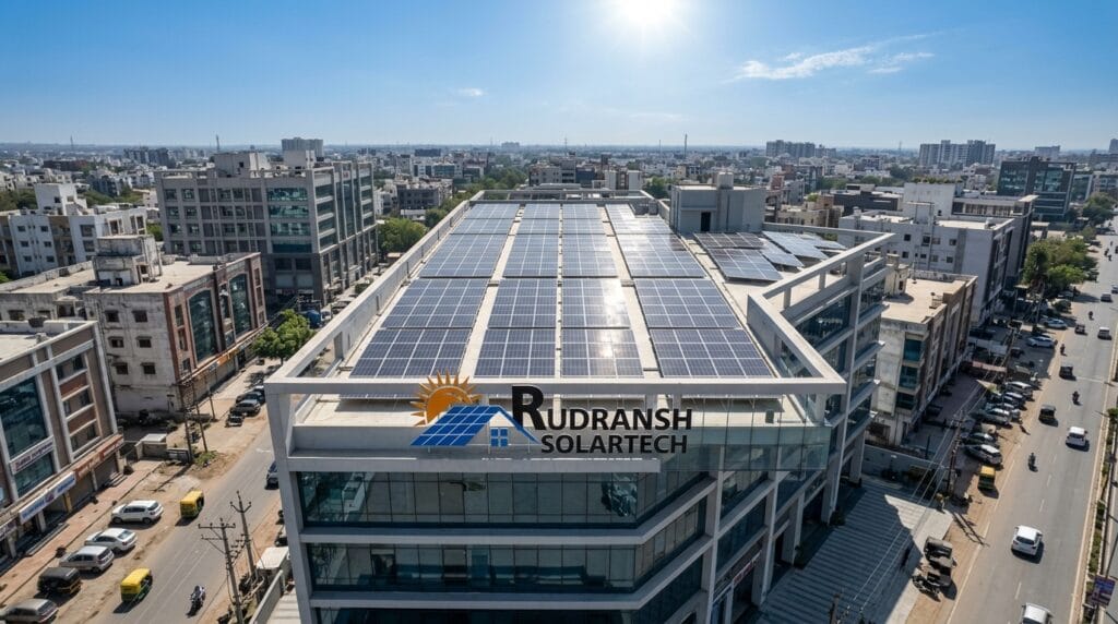 Solar panels installed on a commercial office building rooftop in Uttar Pradesh by Rudransh Solartech
