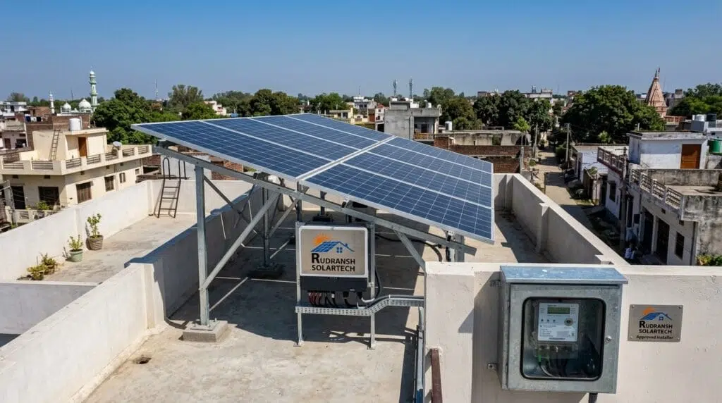 Rooftop solar panels installed on a residential home in Azamgarh by Rudransh Solartech