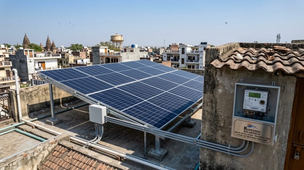Rooftop solar panels installed on a residential home in Prayagraj by Rudransh Solartech