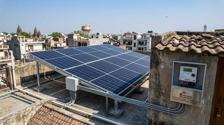 Rooftop solar panels installed on a residential home in Prayagraj by Rudransh Solartech