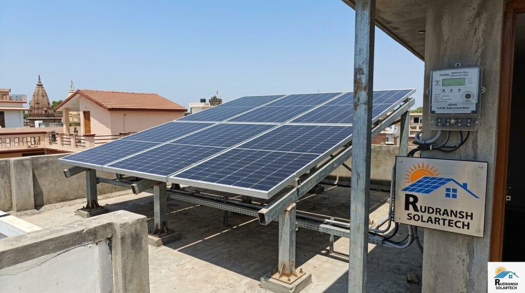 Rooftop solar panels installed on a residential home in Ayodhya by Rudransh Solartech