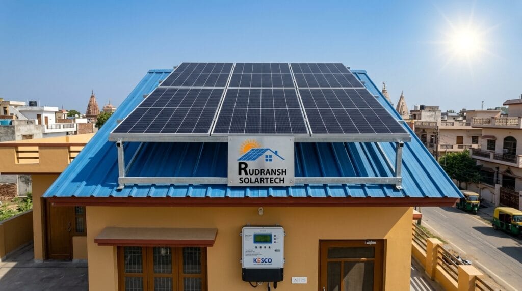 Rooftop solar panels installed on a residential home in Kanpur by Rudransh Solartech