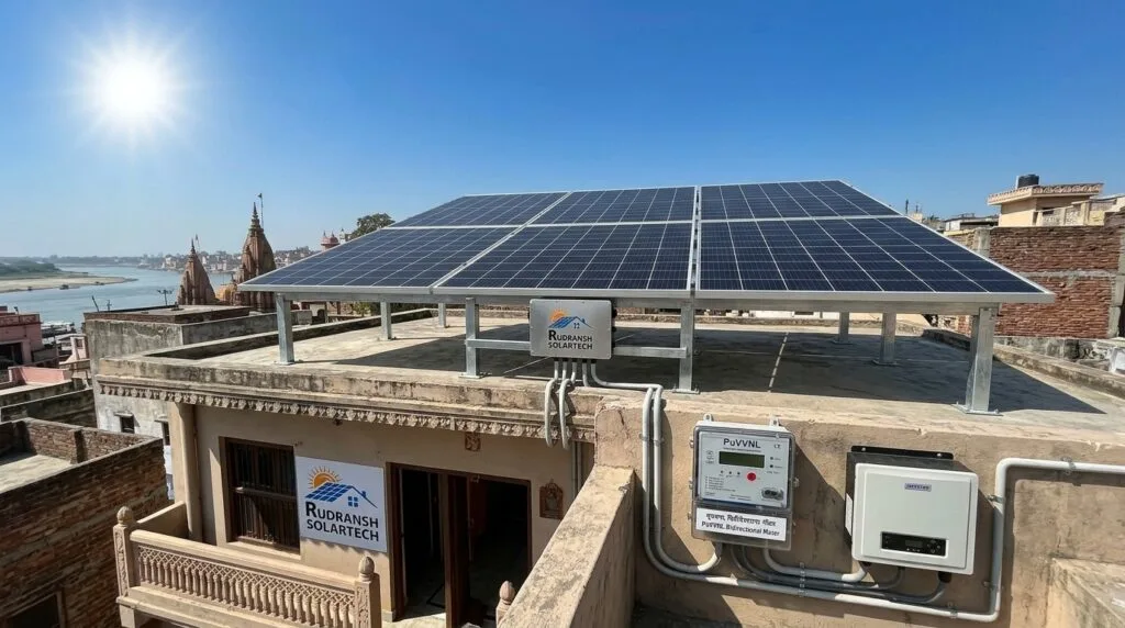 Rooftop solar panels installed on a residential home in Varanasi by Rudransh Solartech