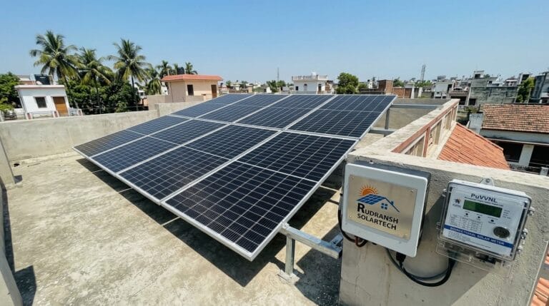 Rooftop solar panels installed on a residential home in Gorakhpur by Rudransh Solartech