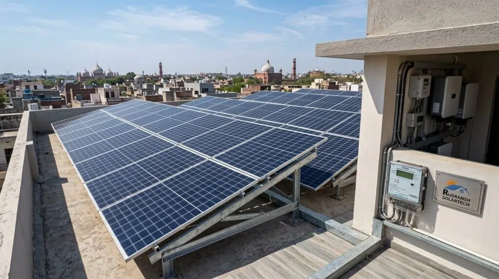 Rooftop solar panels installed on a residential home in Agra by Rudransh Solartech