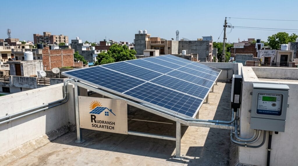 Rooftop solar panels installed on a residential home in Kanpur by Rudransh Solartech