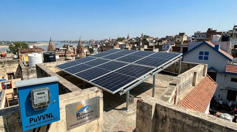 Rooftop solar panels installed on a residential home in Varanasi by Rudransh Solartech
