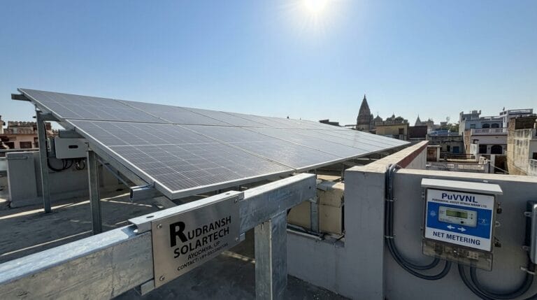 Rooftop solar panels installed on a residential home in Ayodhya by Rudransh Solartech