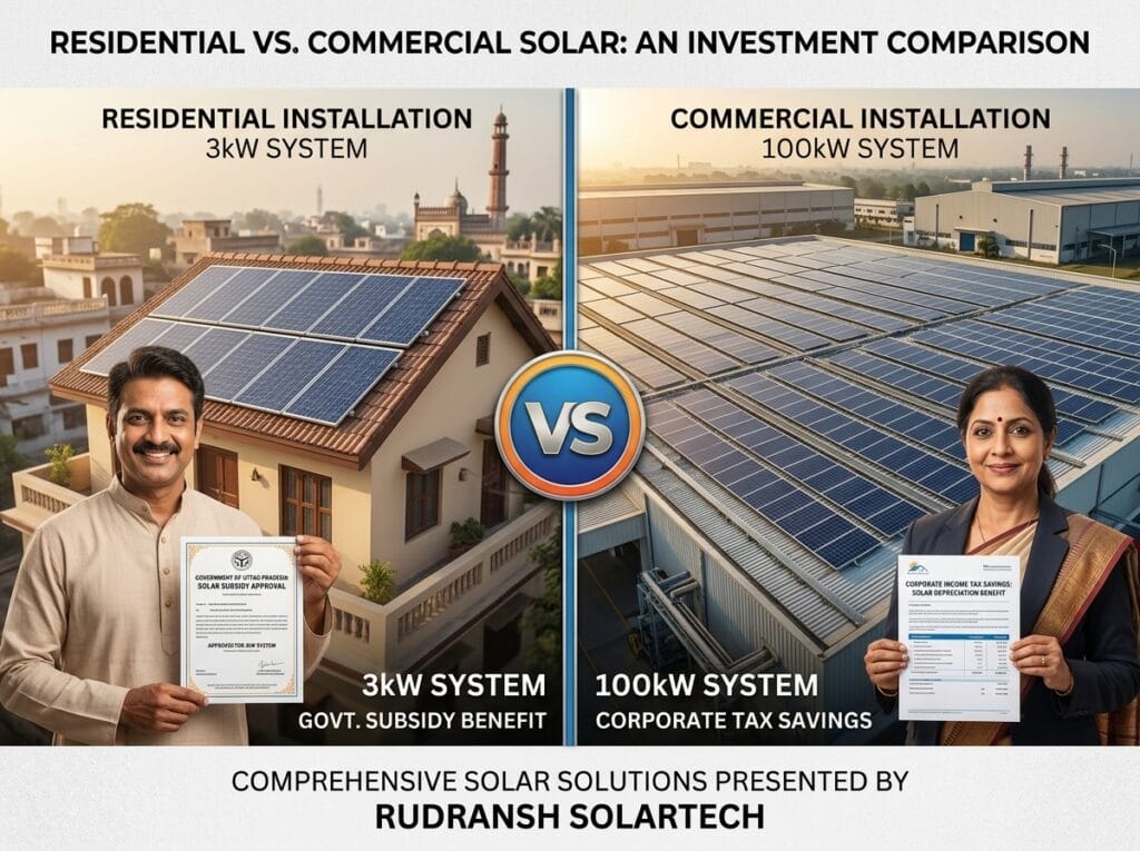 Commercial vs residential rooftop solar comparison in Lucknow — Rudransh Solartech 2026 guide
