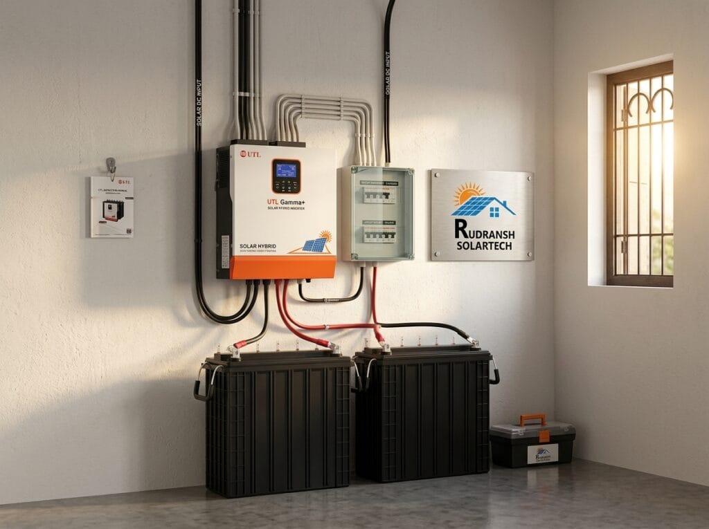 UTL Gamma+ rMPPT hybrid solar inverter installed with tubular battery backup in a Lucknow home by Rudransh Solartech
