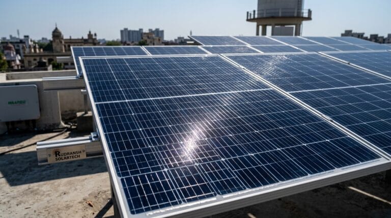 Waaree monocrystalline half-cut solar panels array installed on a rooftop in Lucknow