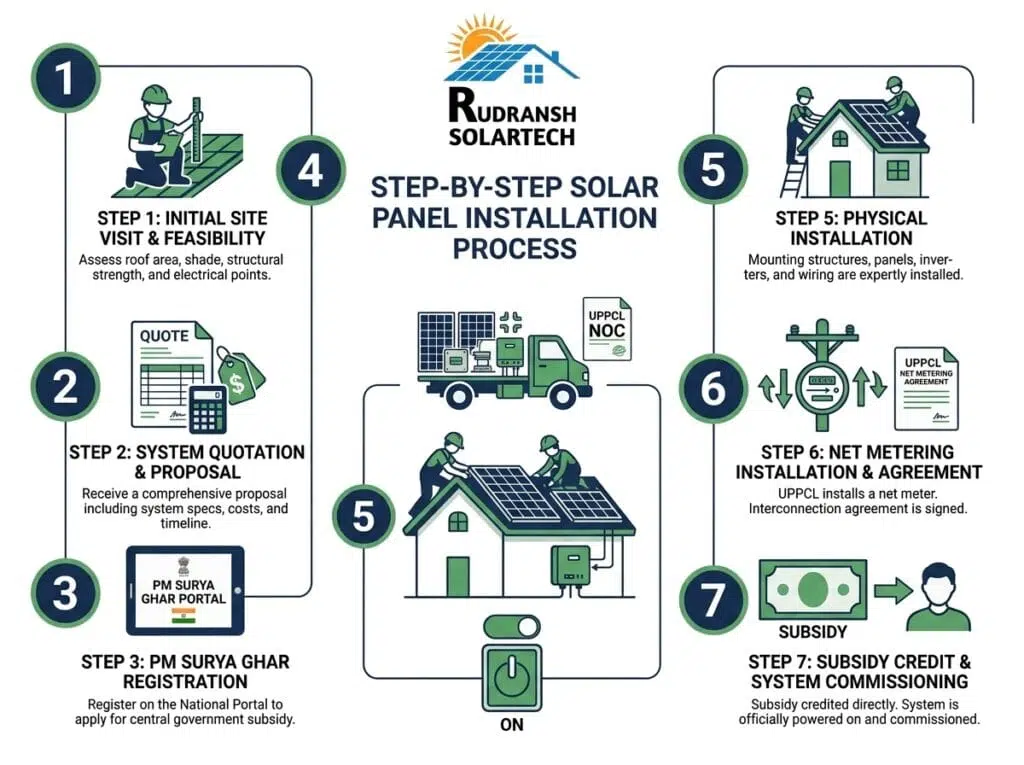 7-step solar panel installation process in Lucknow — from site visit to subsidy credit by Rudransh Solartech