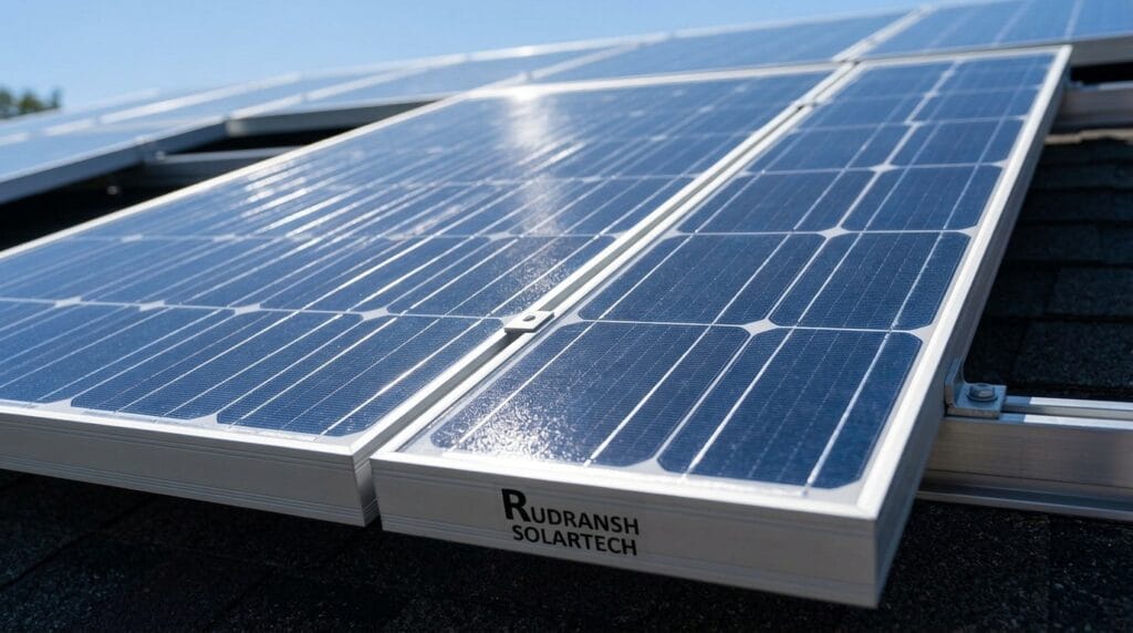 Monocrystalline half-cut cell solar panel installed on a rooftop showing cell divisions