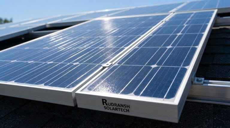Monocrystalline half-cut cell solar panel installed on a rooftop showing cell divisions