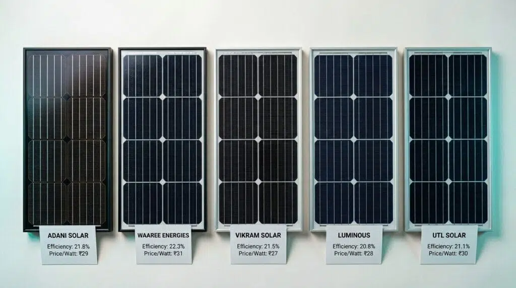 Comparison of best commercial solar panels in India 2026 — Adani vs Waaree vs Vikram vs Luminous vs UTL side by side