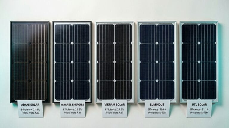 Comparison of best commercial solar panels in India 2026 — Adani vs Waaree vs Vikram vs Luminous vs UTL side by side