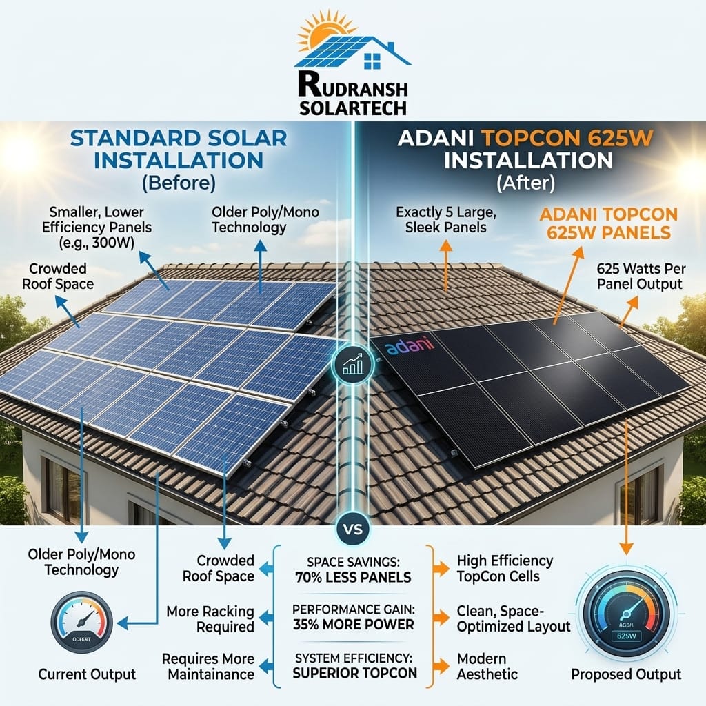 Comparison of Standard 3kW Solar Panels vs 5 Adani TopCon 625W Panels in Lucknow