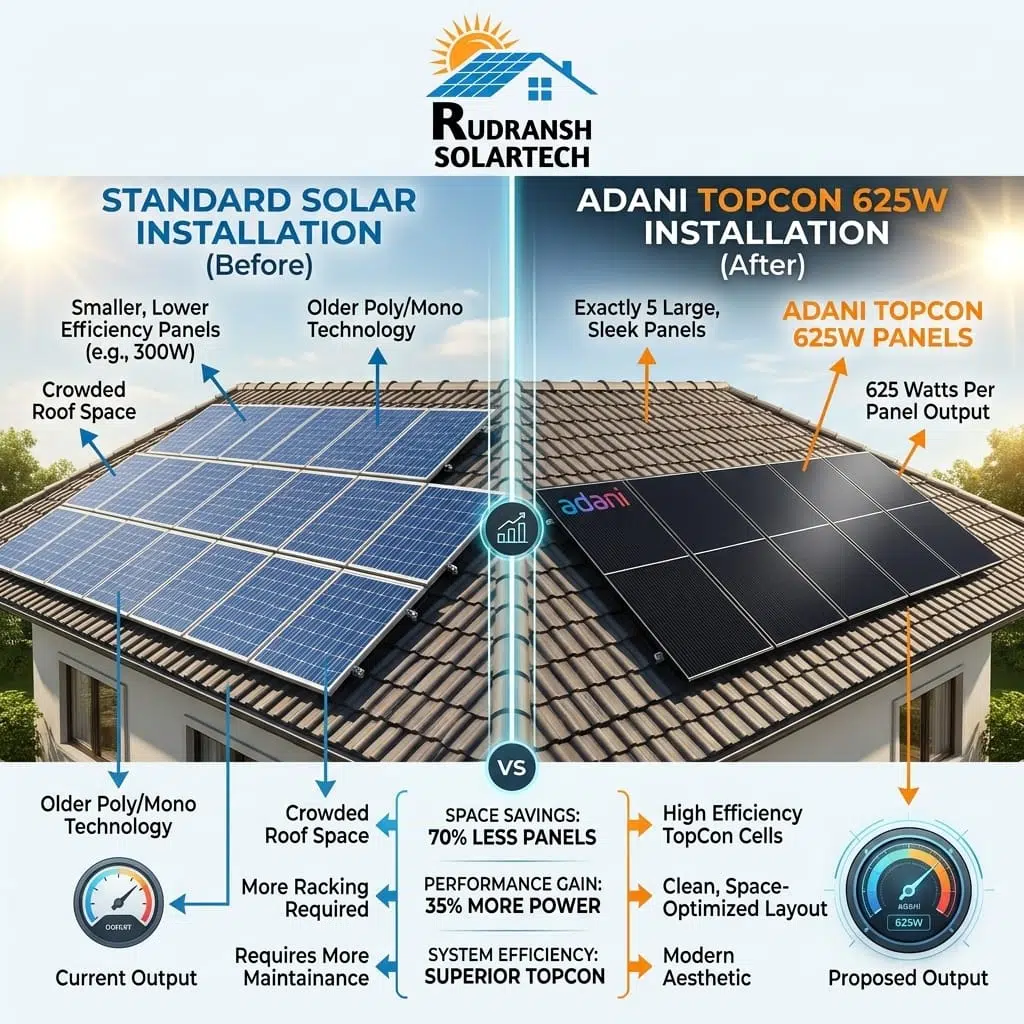 Comparison of Standard 3kW Solar Panels vs 5 Adani TopCon 625W Panels in Lucknow