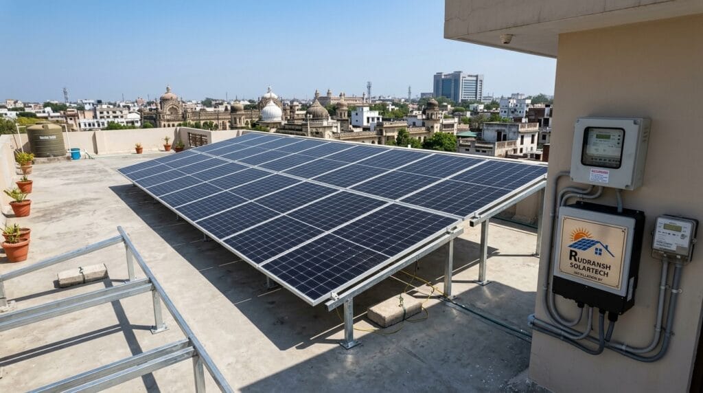 10kW rooftop solar system installed on a residential home terrace in Lucknow by Rudransh Solartech