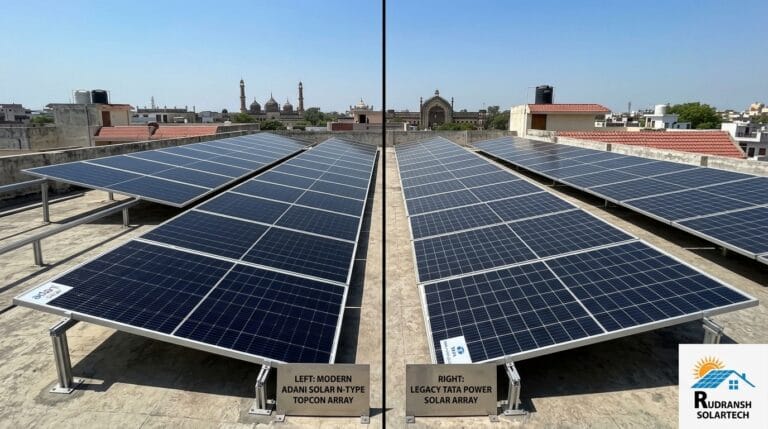 Side-by-side comparison of Adani Solar TOPCon panels and Tata Power Solar panels on a residential rooftop in Lucknow