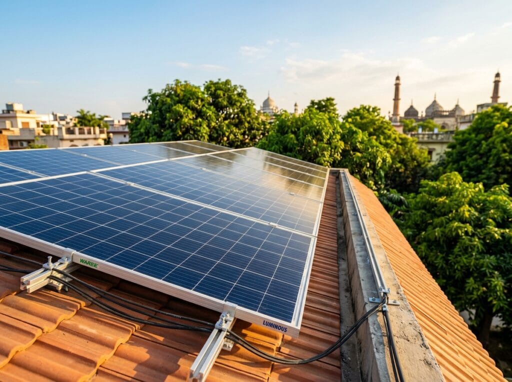 Turnkey Tata 3kW solar panel system installed on a residential rooftop in Lucknow under the government subsidy scheme.