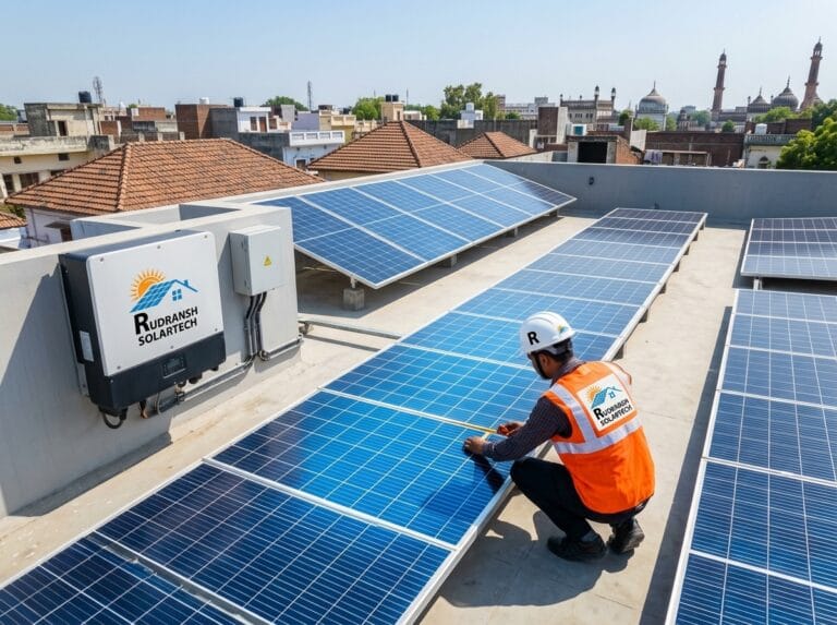 A technician comparing DCR and Non-DCR solar panels on a sunny terrace in Lucknow under the PM Surya Ghar Yojana