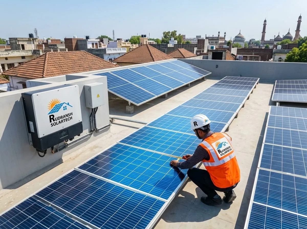 A technician comparing DCR and Non-DCR solar panels on a sunny terrace in Lucknow under the PM Surya Ghar Yojana